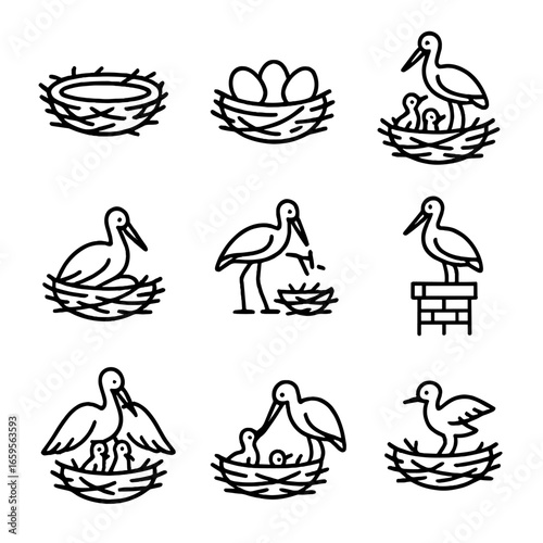 Stork Icon Set. Outline icon set of stork nesting: large nest, eggs, chicks, incubation, nest building, nest on chimney,