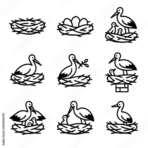 Stork Icon Set. Outline icon set of stork nesting: large nest, eggs, chicks, incubation, nest building, nest on chimney,