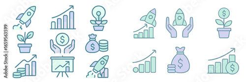 Vector art of business growth with charts and rockets