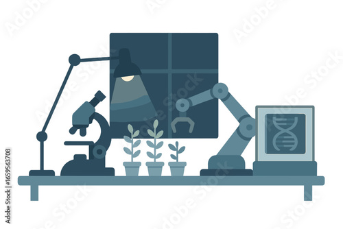 Innovative laboratory setup with microscope and robotic arm