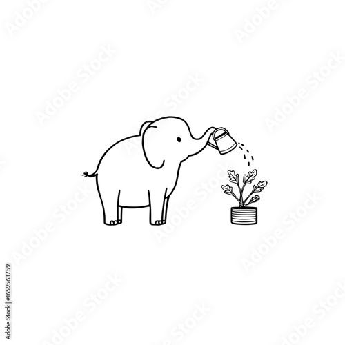 Cute elephant watering plant drawing vector illustration for kids room decor and gardening projects design 100