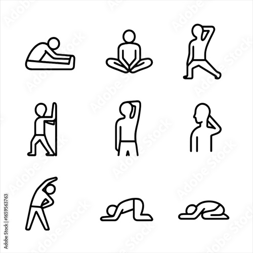 Stretch Posture Icons. Outline icon set of stretch postures: seated forward bend, butterfly stretch, lunging hip flexor stretch,