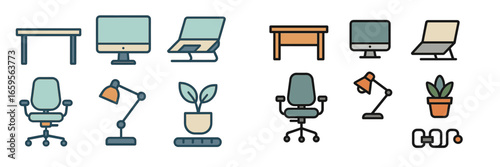 Stylish office furniture and equipment vector illustration collection