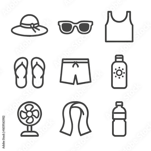 Summer Essentials Icons. Outline icon set of hot fashion and gear: sunhat, sunglasses, tank top, flip flops, beachwear, sunscreen