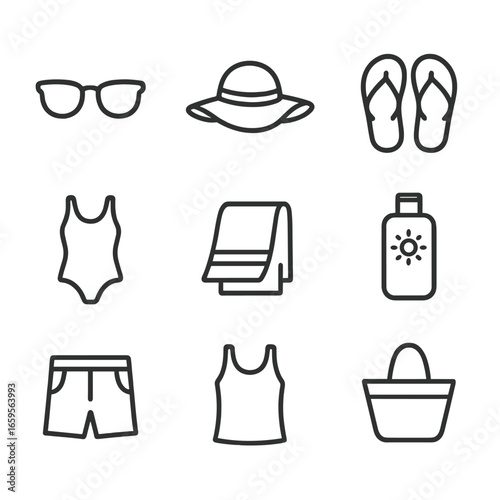 Summer Fashion Icons. Outline icon set of summer fashion: sunglasses, sunhat, flip flops, swimsuit, beach towel, sunscreen bottle,