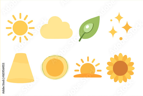 Sunny Children's Icons. Flat vector mini-illustrations sunlight shine in colors children's illustrations: sun rays, sunny cloud,