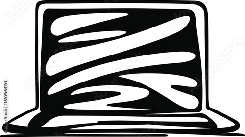 Black and white hand-drawn laptop computer vector, minimal doodle ink line art, bold smooth strokes, abstract technology silhouette, professional high-quality vector illustration 3