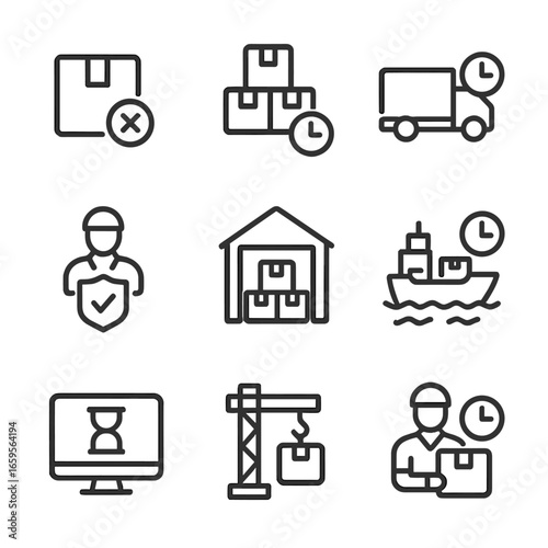 Supply Chain Delays. Outline icon set of delay in supply chain: shipment hold, inventory backlog, truck delay, customs check,