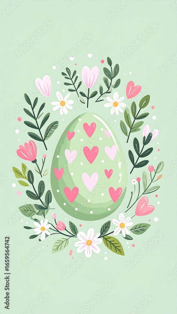 Fototapeta premium Pastel Easter egg surrounded by flowers and leaves (1)