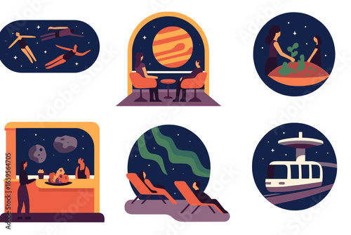 Unique vectors depicting activities in a futuristic space setting