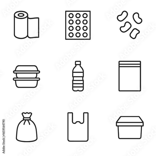 Synthetic Packaging Icons. Outline icon set of synthetic packaging materials: plastic wrap, bubble wrap, foam peanuts, polystyrene