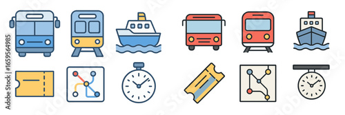 Transport elements collection featuring bus, train, boat, and tickets