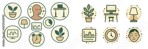 Vector illustration of wellness and productivity concepts in workspace