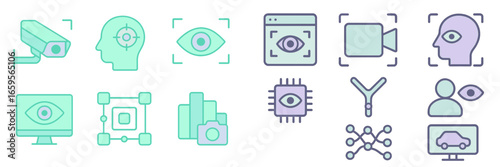 Green and purple tech and monitoring symbols illustration