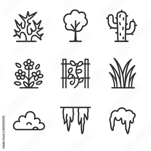 Territorial Plant Icons. Outline icon set of territorial plants: thorn bush, boundary tree, cactus, bamboo fence, flowering shrub,