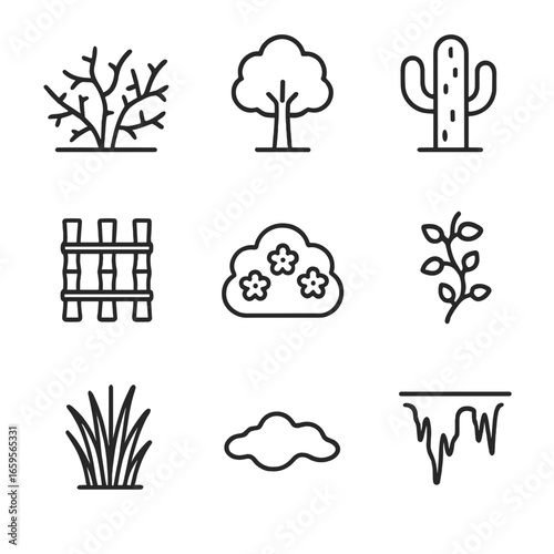 Territorial Plant Icons. Outline icon set of territorial plants: thorn bush, boundary tree, cactus, bamboo fence, flowering shrub,