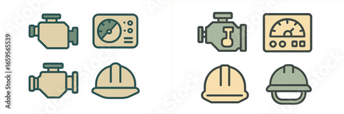 Vector illustration of construction elements with safety gear icons