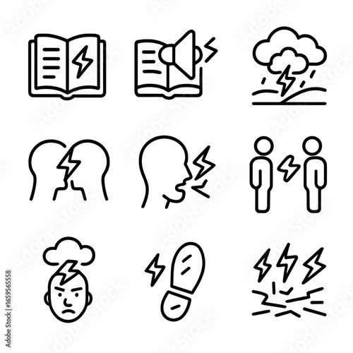 Thunderous Literature Icons. Outline icon set of thunder in literature: thunderous words, loud narrative, stormy scene, dramatic