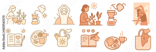 Collection of vector illustrations depicting self-care activities