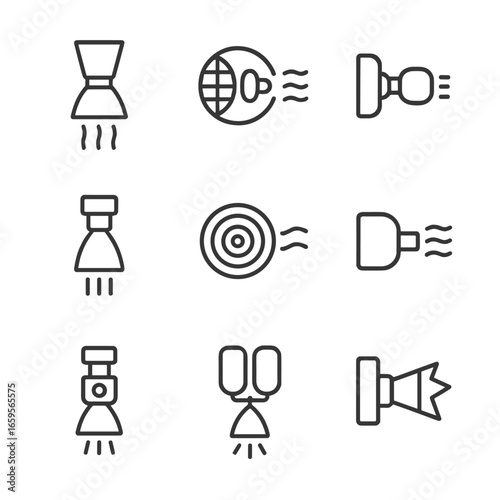 Thruster Icon Set. Outline icon set of thruster types: chemical rocket thruster, ion thruster, plasma thruster, cold gas thruster,