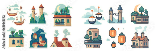 Colorful vector illustrations of charming landscapes and buildings