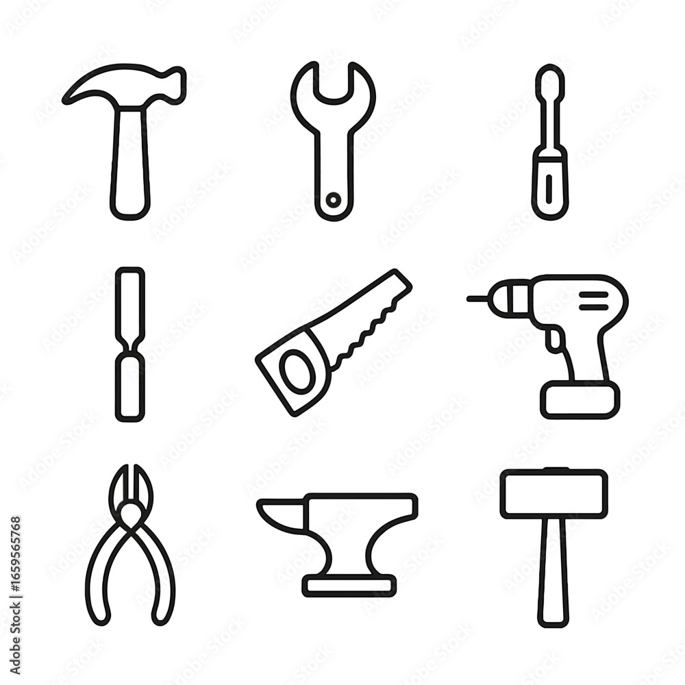 Fototapeta premium Icon Set of Tools. Outline icon set of durable tools: hammer, wrench, screwdriver, chisel, saw, drill, pliers, anvil, sledgehammer