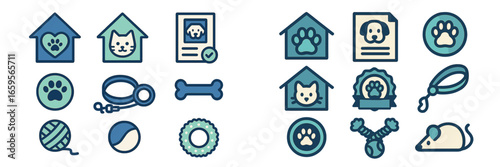 Vector illustration of pet care icons in blue and green colors