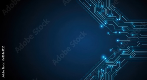 Close-up of a futuristic blue circuit board with glowing connections and data flow abstract