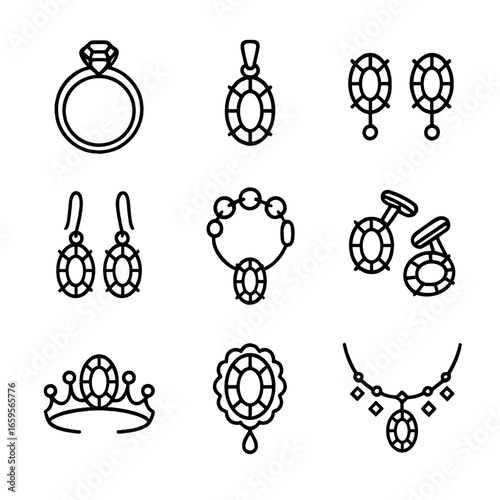 Topaz Jewelry Icons. Outline icon set of topaz jewelry: topaz engagement ring, topaz pendant, topaz stud earrings, topaz drop