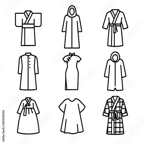 Traditional Robe Icons. Outline icon set of robe styles by culture: Japanese kimono, Middle Eastern abaya, European dressing gown,