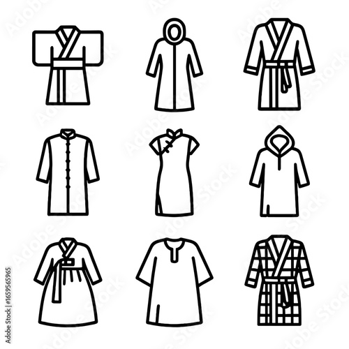 Traditional Robe Icons. Outline icon set of robe styles by culture: Japanese kimono, Middle Eastern abaya, European dressing gown,