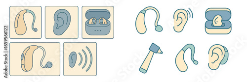 Innovative designs of hearing aids and earbuds in vector illustration