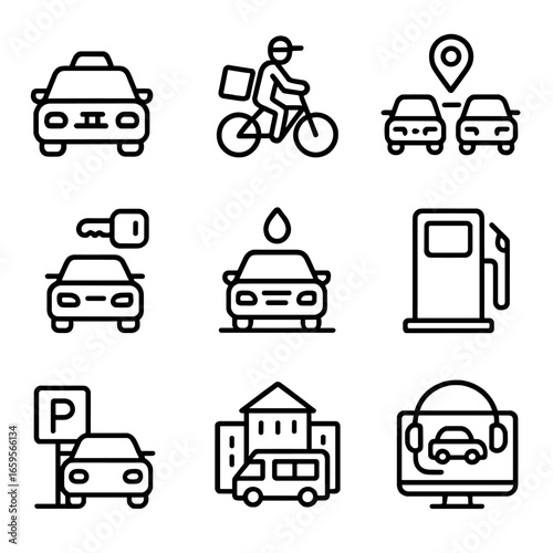 Transport Service Icons. Outline icon set of transport services: taxi service, courier, ride sharing, car rental, vehicle