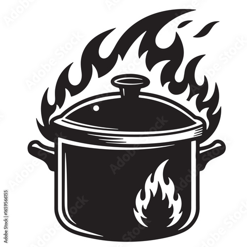 Black and white illustration of a cooking pot with flames surrounding and emanating heat