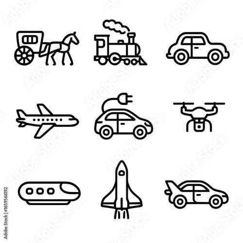 Transportation Evolution Icons. Outline icon set of evolution of transportation: horse carriage, steam train, vintage car,