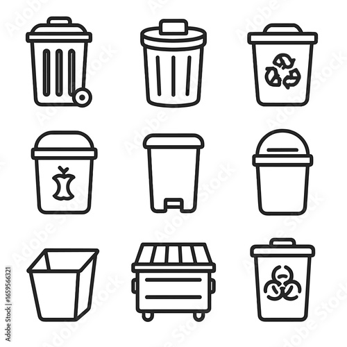 Trash Can Icon Set. Outline icon set of trash cans: outdoor trash can, indoor trash can, recycling bin, compost bin, pedal bin,