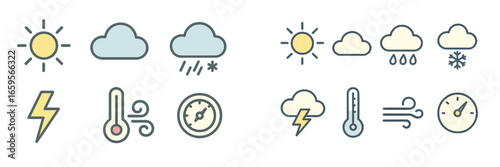 Weather symbols and icons representing various atmospheric conditions
