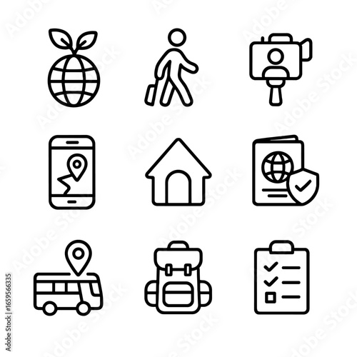 Travel Icon Set. Outline icon set of travel trends: eco tourism, solo travel, travel vlogging, travel app, Airbnb, travel