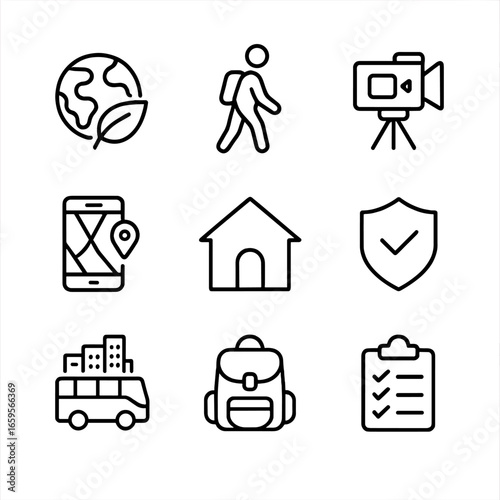 Travel Icon Set. Outline icon set of travel trends: eco tourism, solo travel, travel vlogging, travel app, Airbnb, travel