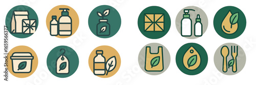 Eco-friendly packaging and product icons for sustainable living
