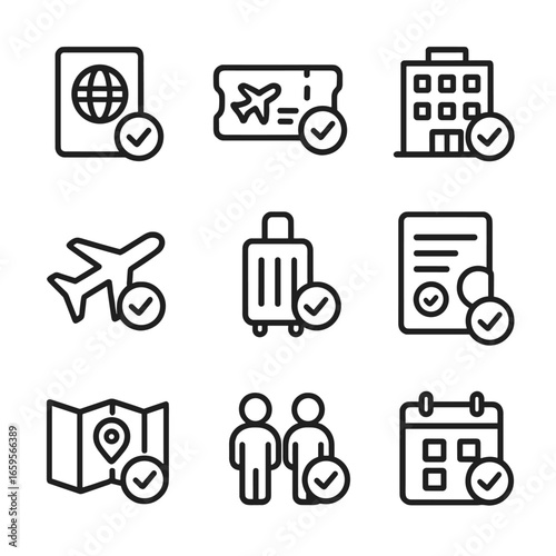 Travel Icon Set. Outline icon set of tick in travel: passport checked, ticket booked, hotel reserved, flight taken, luggage packed