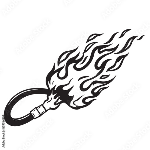 Black and white illustration of a flaming fire hose and flames on a white background