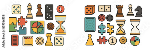 Colorful vector illustration of various board game pieces and tools