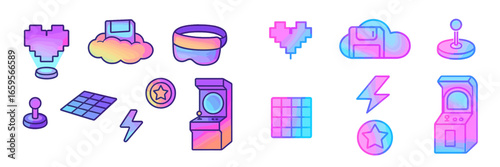 Vector illustration of retro arcade elements in vibrant colors