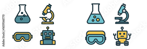 Vector illustration of science tools and robots in a lab setting