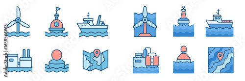 Marine vector symbols: boats, buoys, and wind turbines