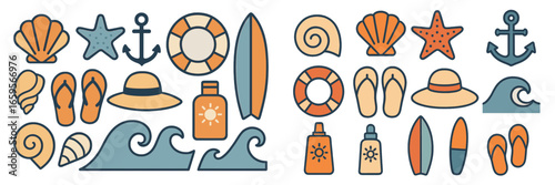 Colorful vector illustration of beach and surfing elements for summer