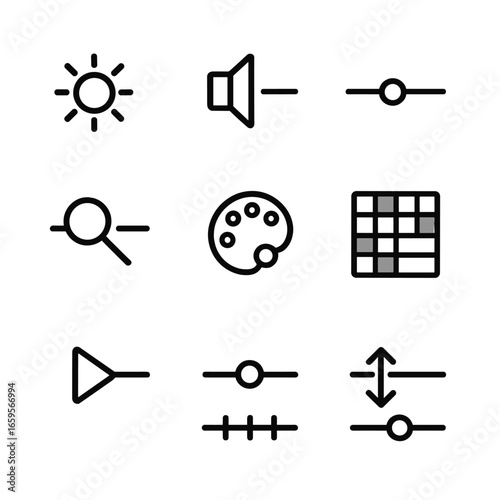 UI Slide Controls Icons. Outline icon set of sliding controls in UI: brightness slide, volume slide, progress slide, zoom slide,