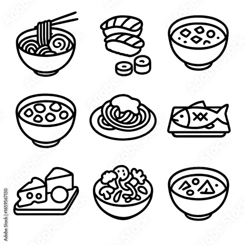 Umami Dishes Icons. Outline icon set of umami dishes: ramen, sushi, miso soup, beef stew, tomato sauce pasta, grilled fish, cheese