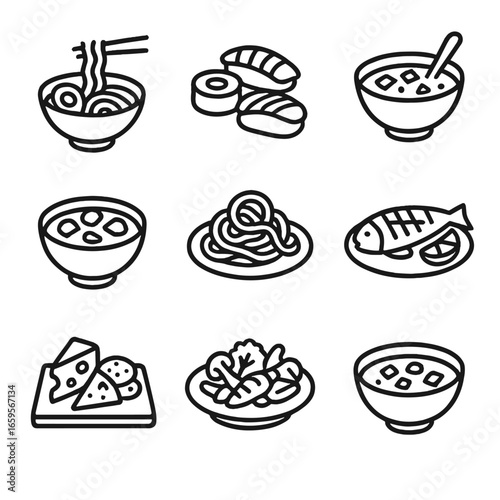 Umami Dishes Icons. Outline icon set of umami dishes: ramen, sushi, miso soup, beef stew, tomato sauce pasta, grilled fish, cheese